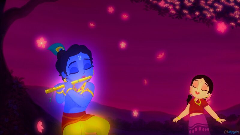 Krishna playing flute with a girl