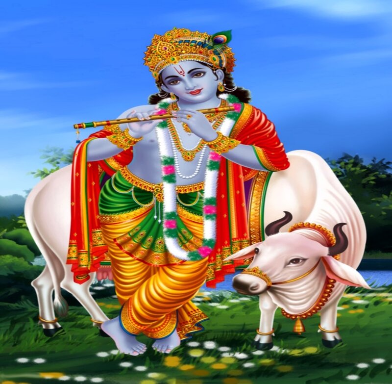 Krishna playing flute with cow