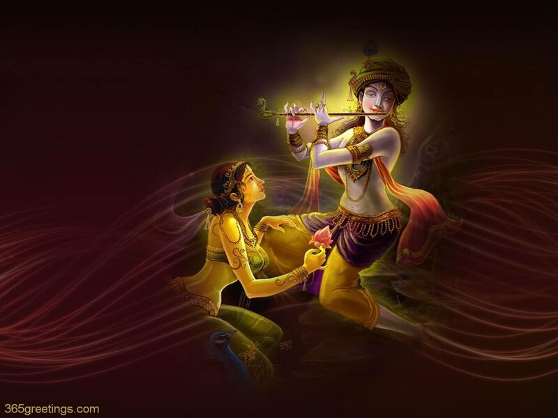 Krishna playing flute with Radha