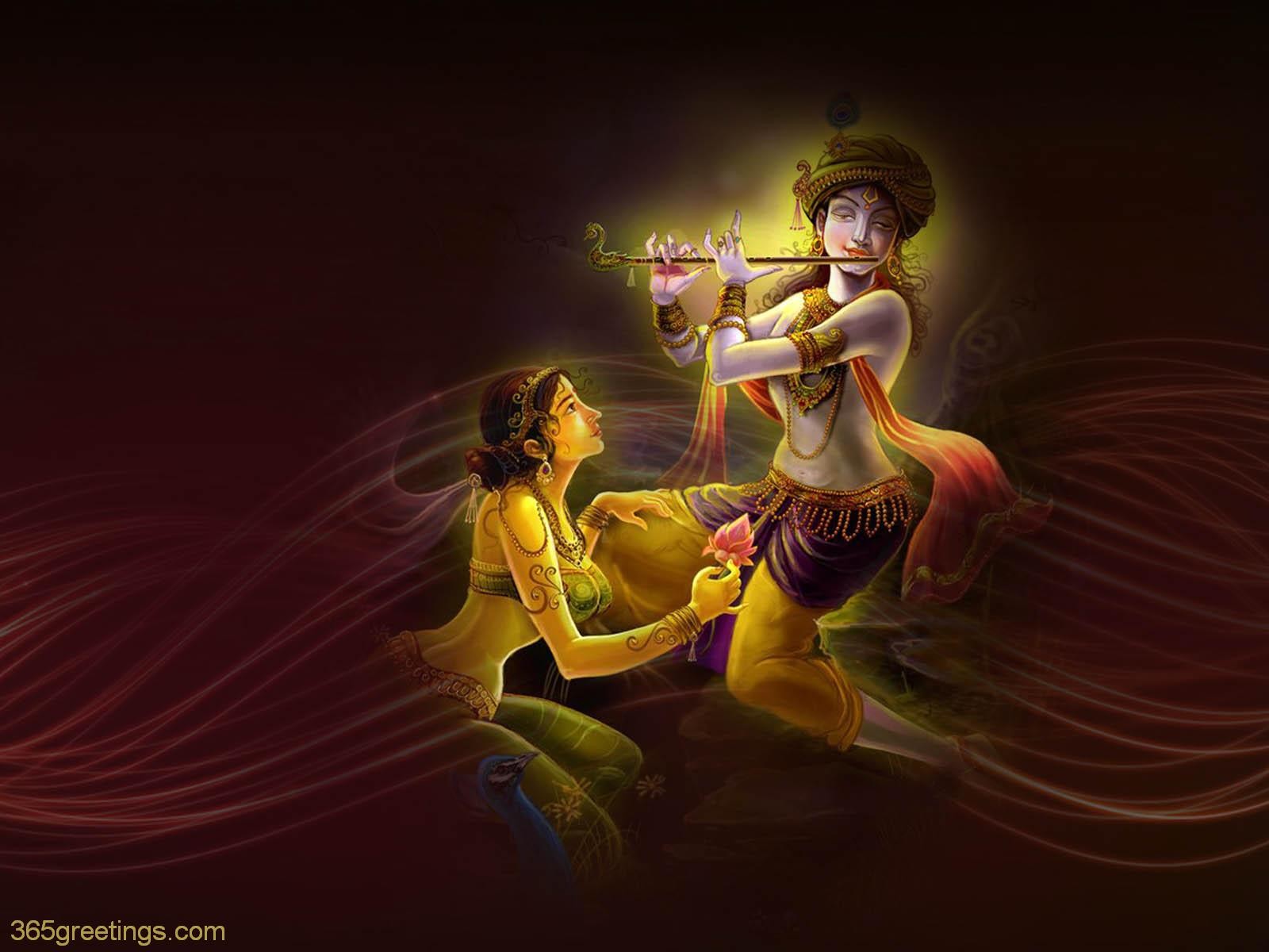 Krishna playing flute with Radha