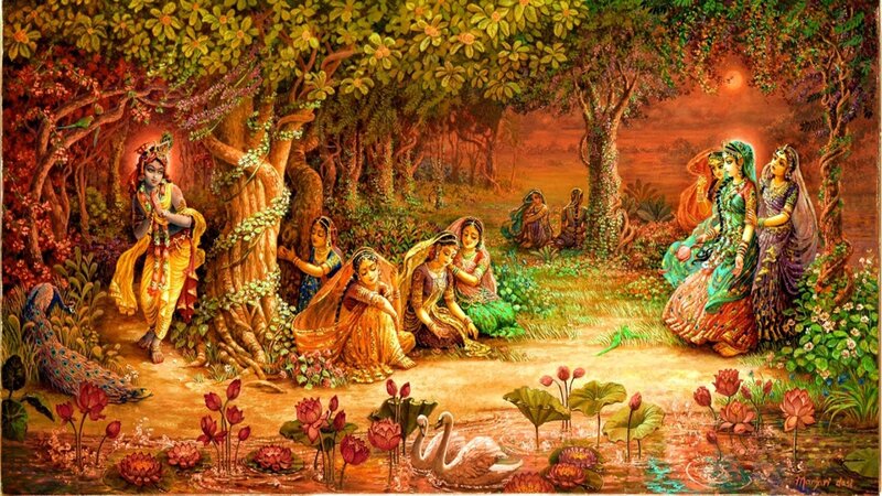 Krishna with Gopis — Green, Serene