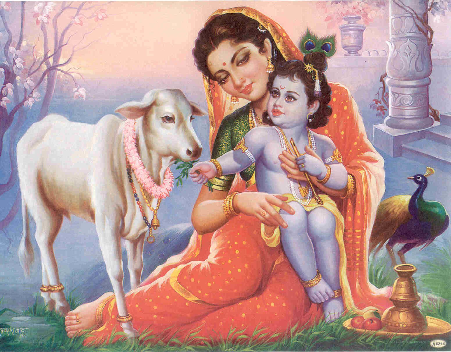 Krishna with mother and cow