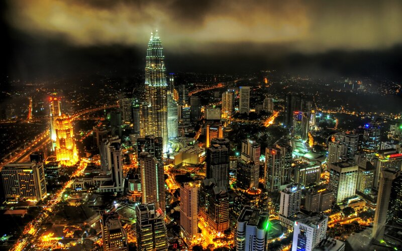 Kuala Lumpur Skyline — Black, Dramatic, Night, Photograph, Skyscrapers, City Lights, Clouds