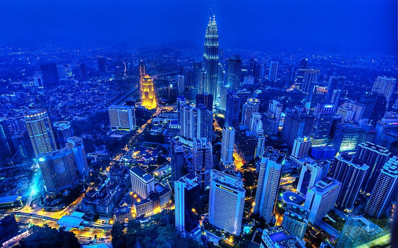 Kuala Lumpur Skyline — Blue, Dramatic, Night, Photograph, Skyscrapers, City Lights, Highways, Yellow