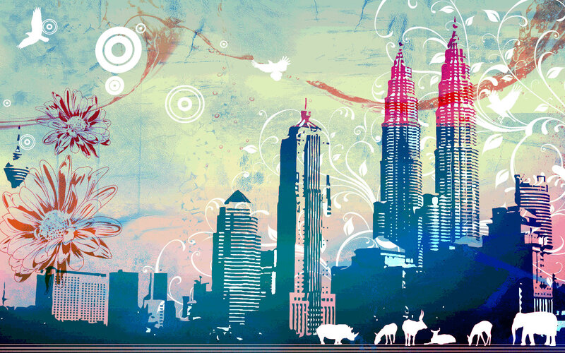 Kuala Lumpur skyline with floral art
