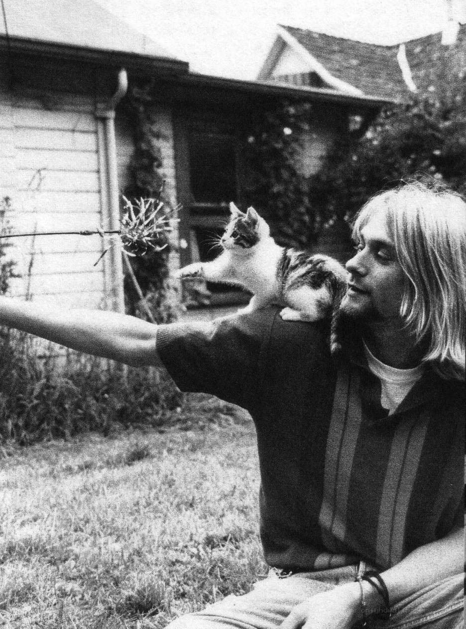 Kurt Cobain with cat on shoulder