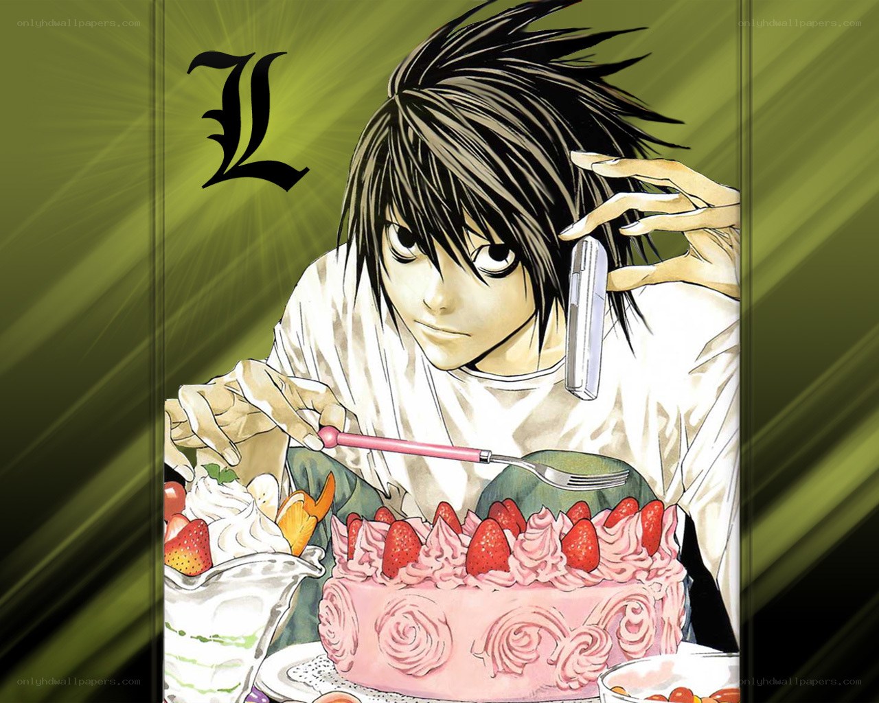 L eating cake with phone
