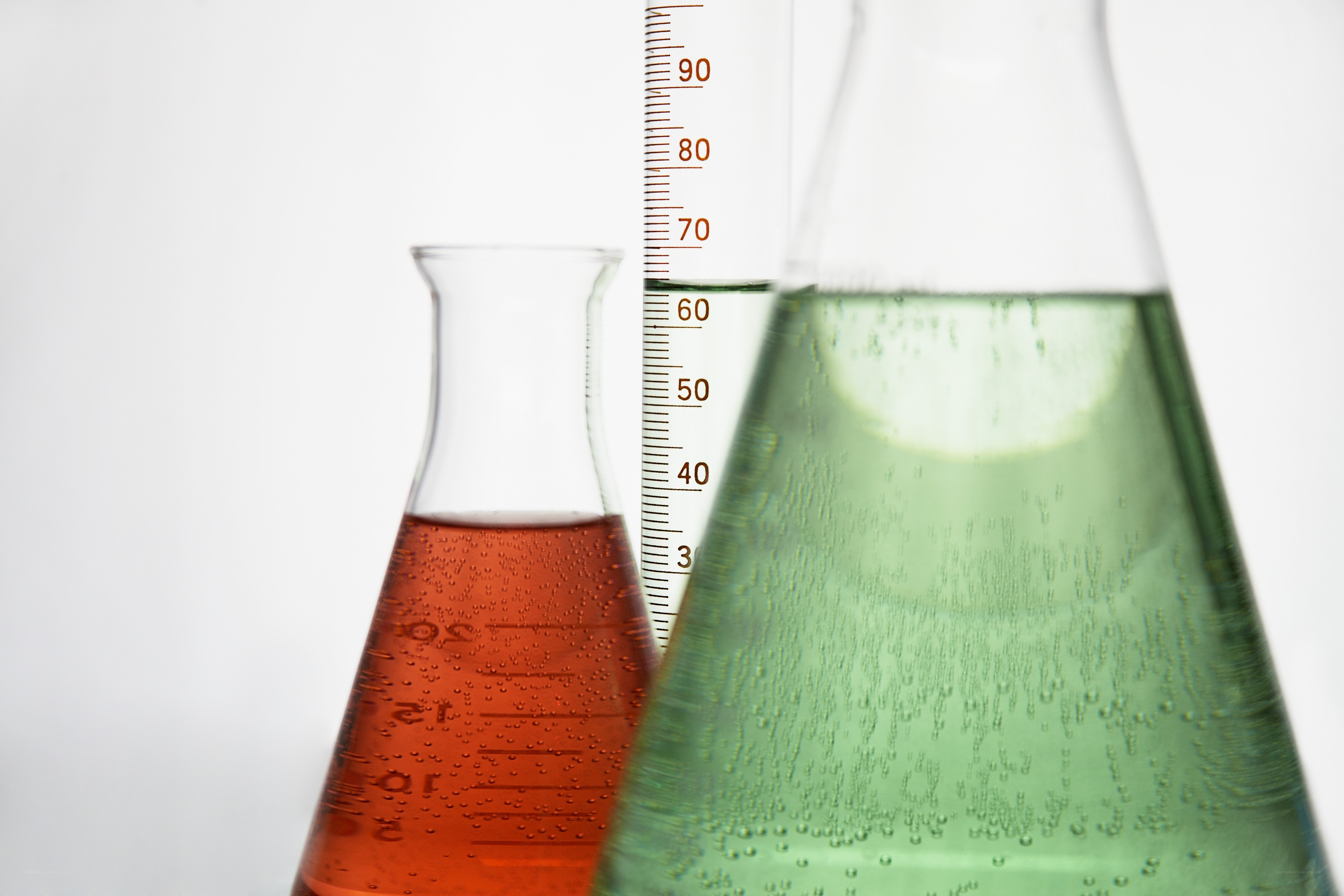 Lab flasks with colored liquids