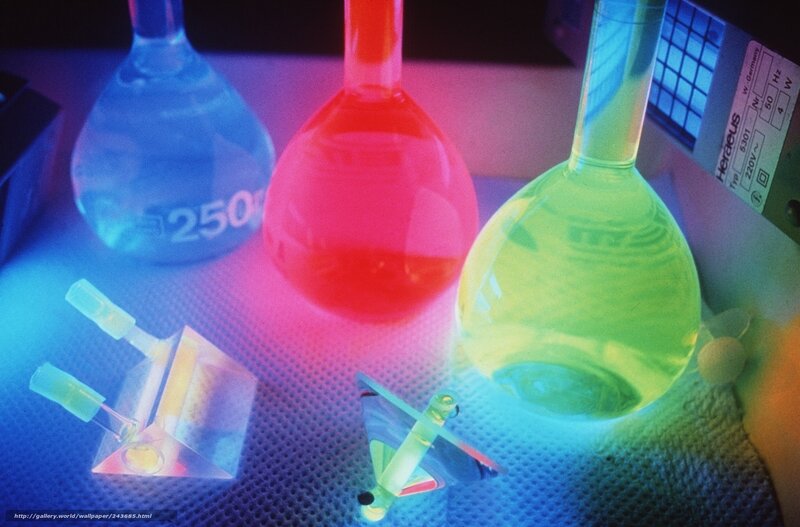 Lab flasks with colored liquids