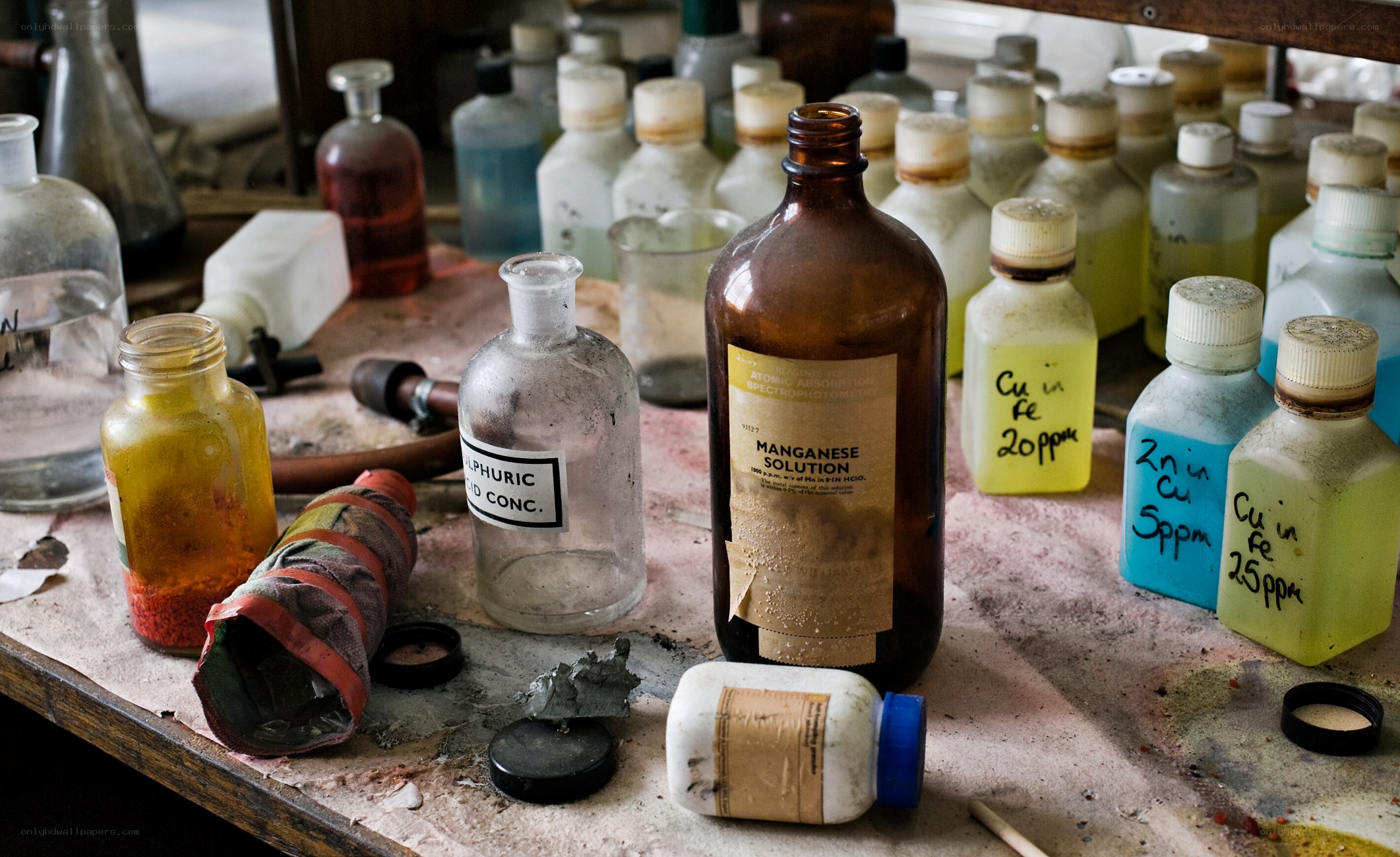 laboratory bottles and chemicals