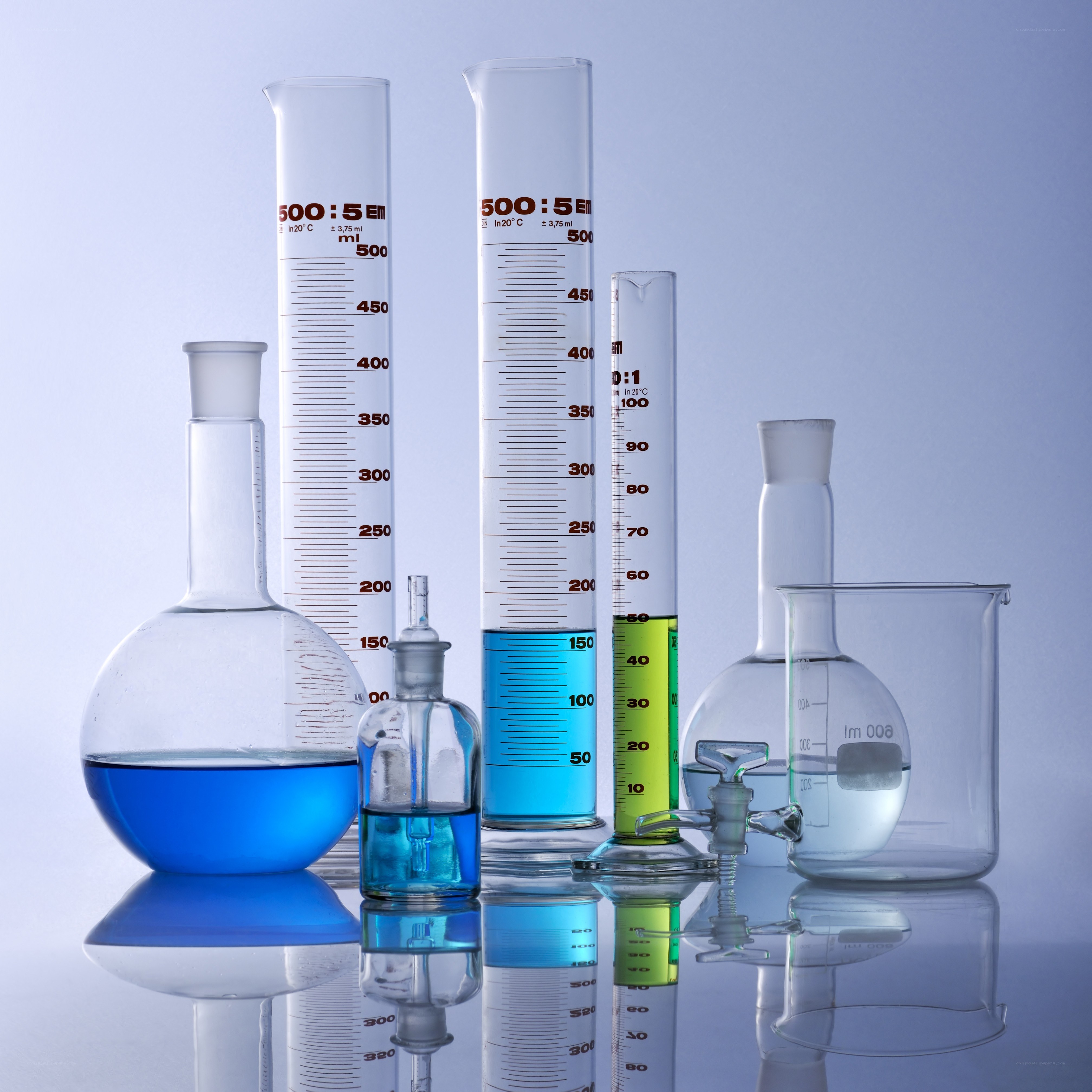 laboratory glassware with liquids