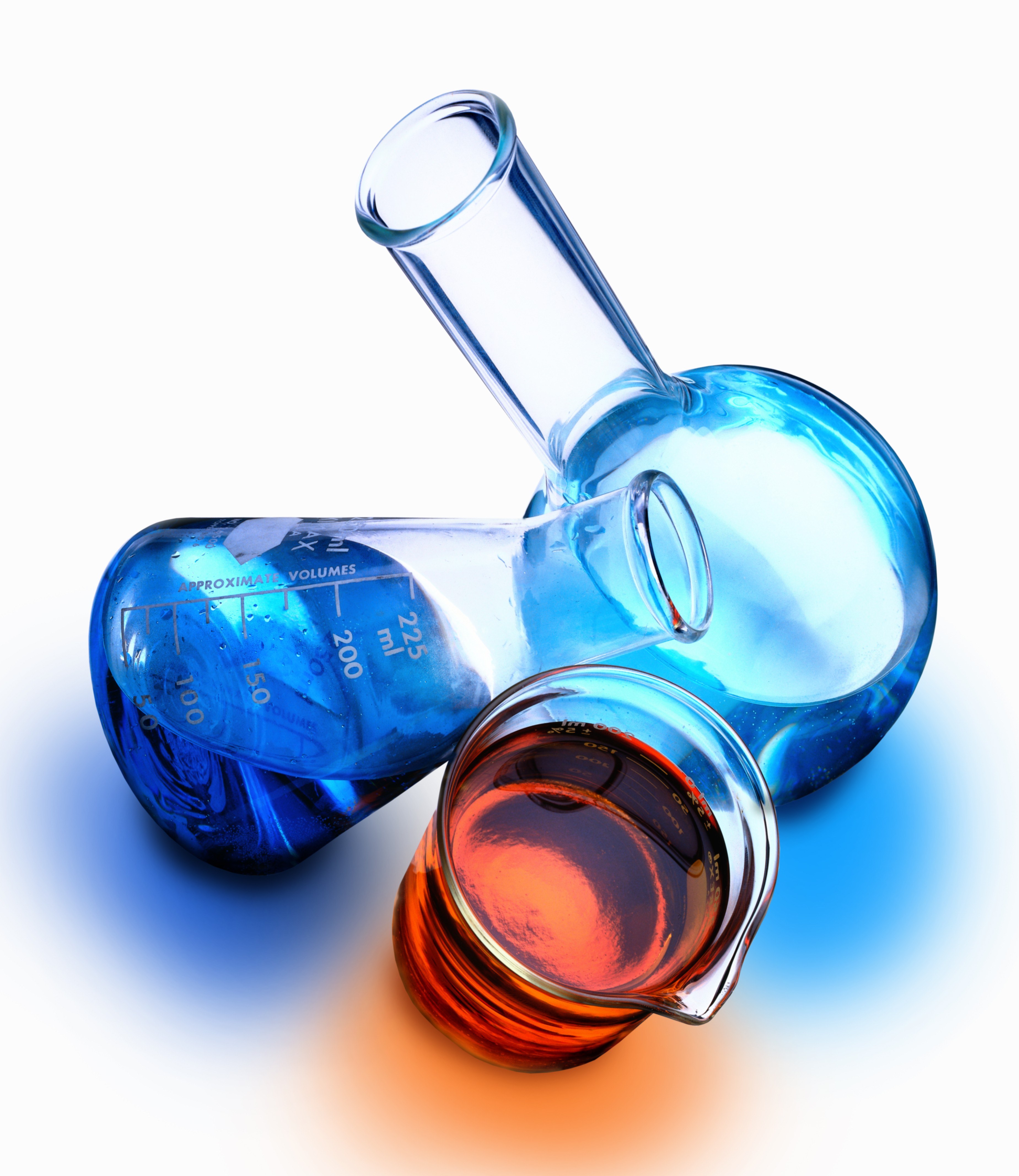 laboratory glassware with liquids