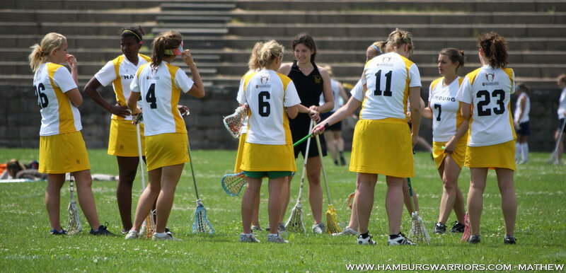 Lacrosse team huddling on field