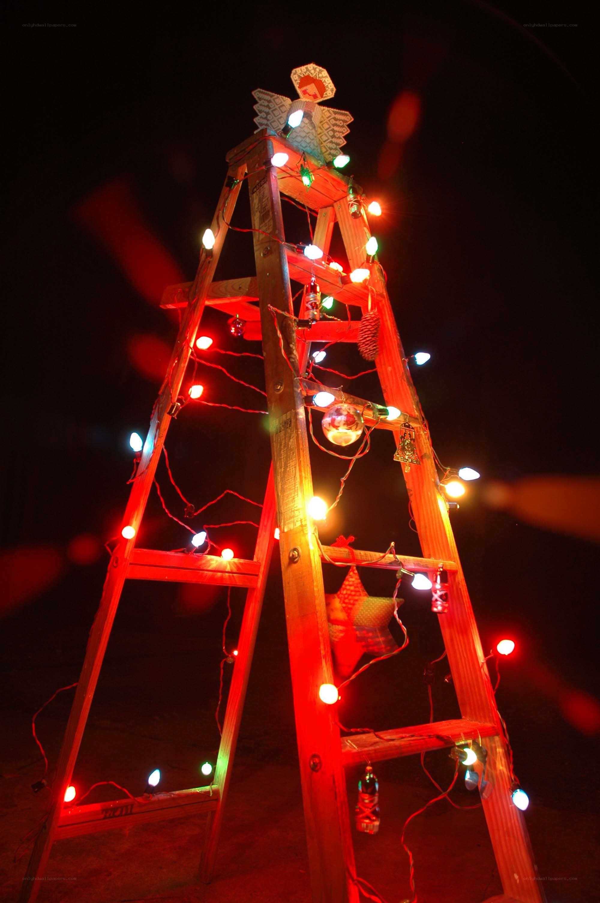 ladder decorated as a christmas tree