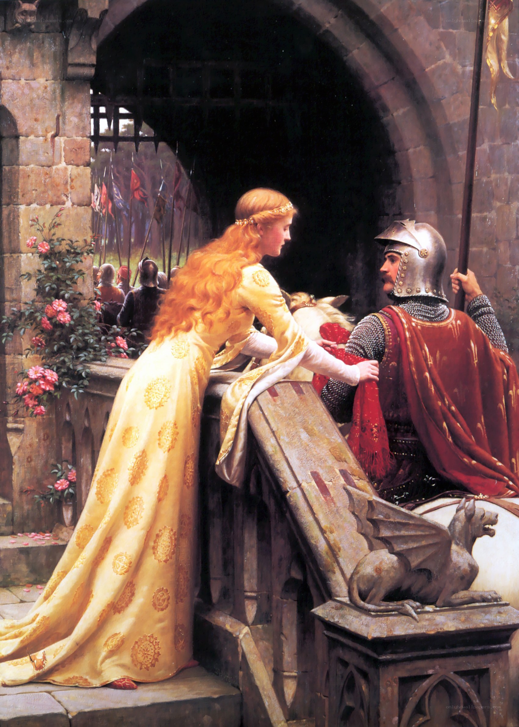 Lady and knight at castle gate