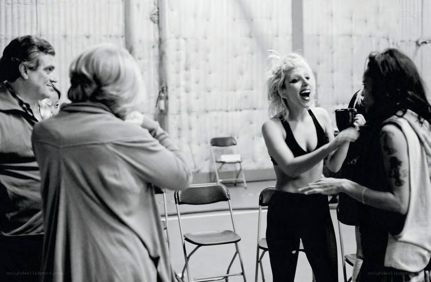 Lady Gaga laughing with crew