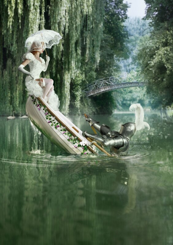 Lady in white with knight on boat