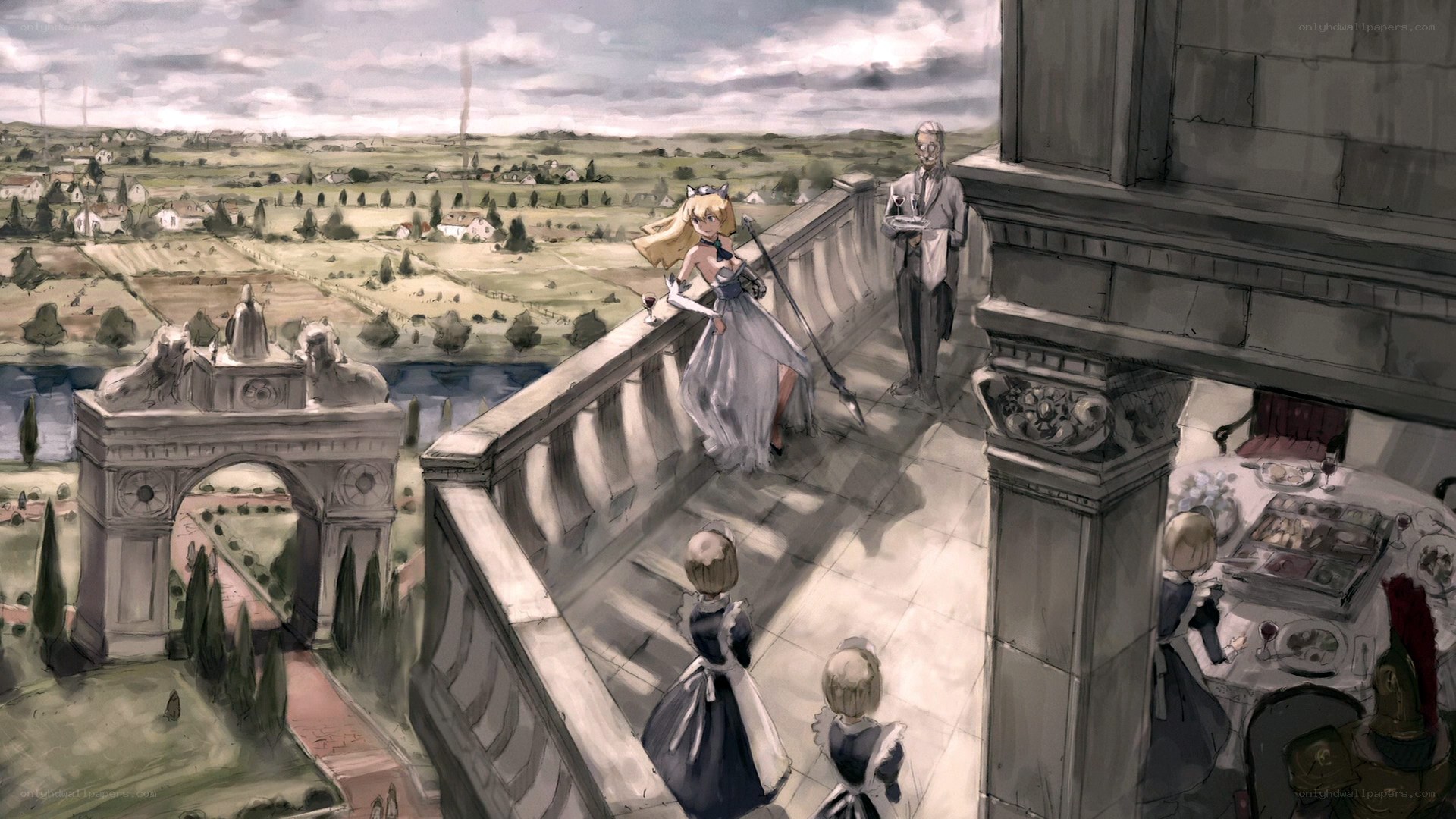 Lady on a balcony overlooking a landscape