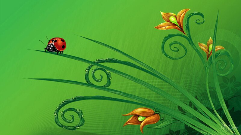 Ladybug on Grass — Green, Serene, Digital Art