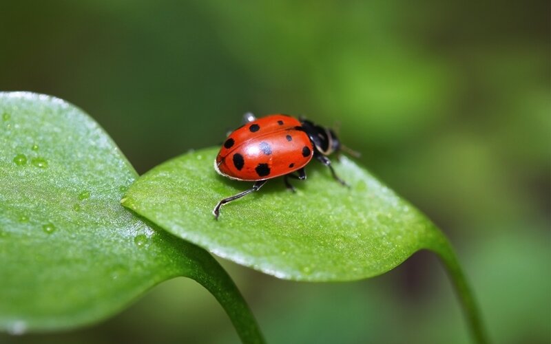 Ladybug on Green Leaf — Calm, Morning, Photograph, Insect