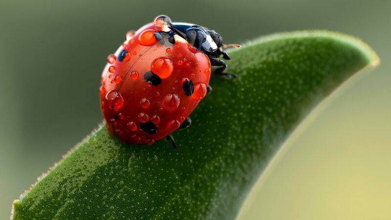 Ladybug on Green Leaf — Red, Calm, Photograph, Drops