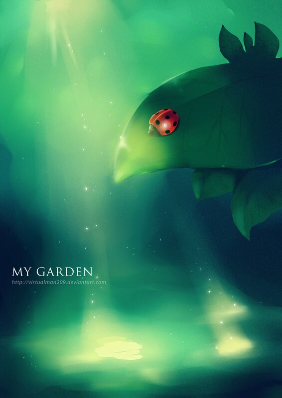 Ladybug on Leaf — Green, Serene, Digital Art, Light Rays