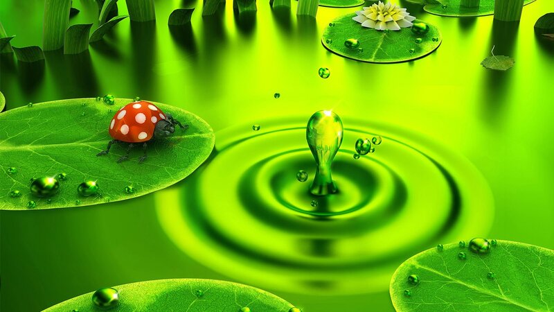 Ladybug on Lily Pad — Green, Serene, 3d Render, Lily Pads, Water Droplet, Lotus Flower