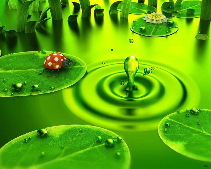 Ladybug on Lily Pad — Green, Serene, Digital Art, Lily Pads, Water Droplet