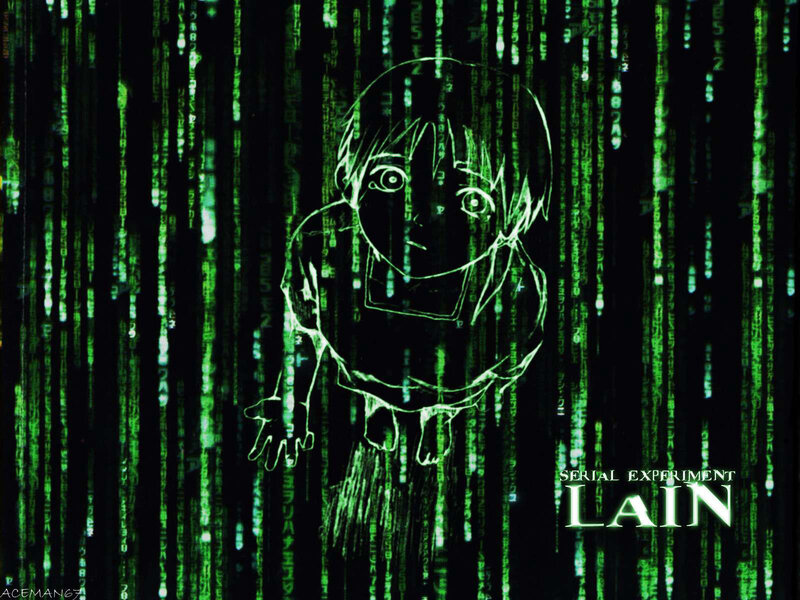 Lain anime character in digital rain