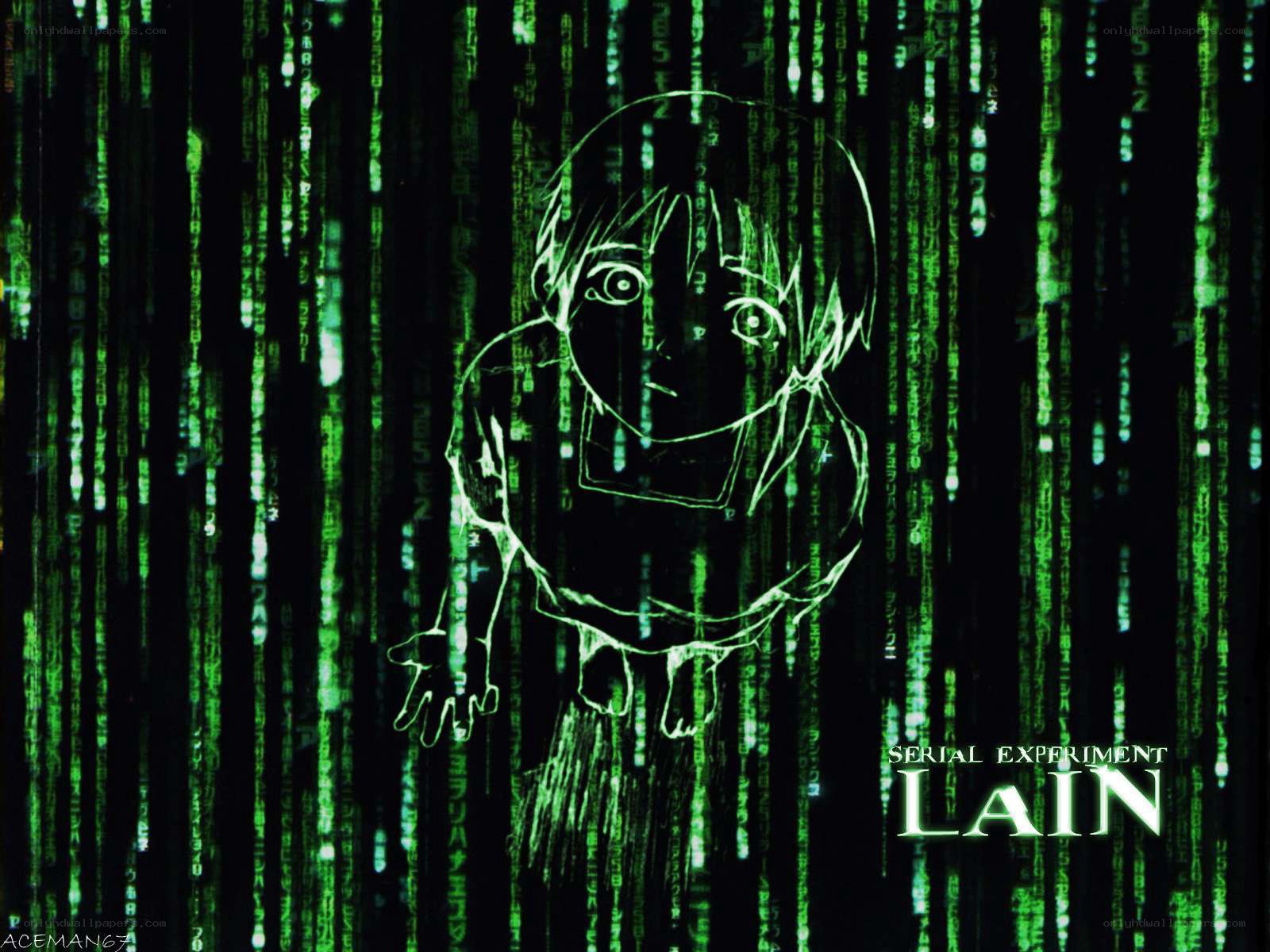 Lain anime character in digital rain
