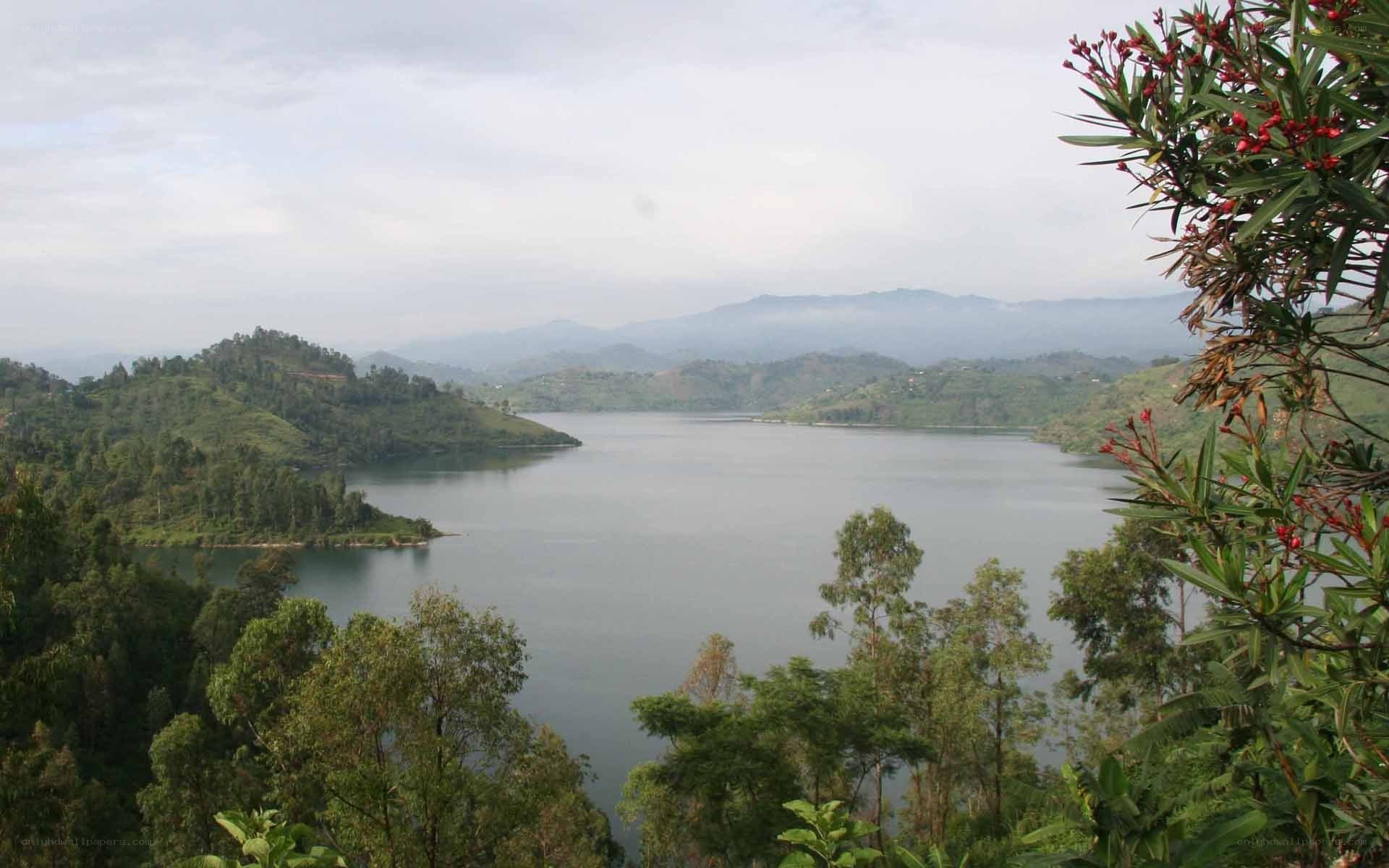Lake and green hills landscape