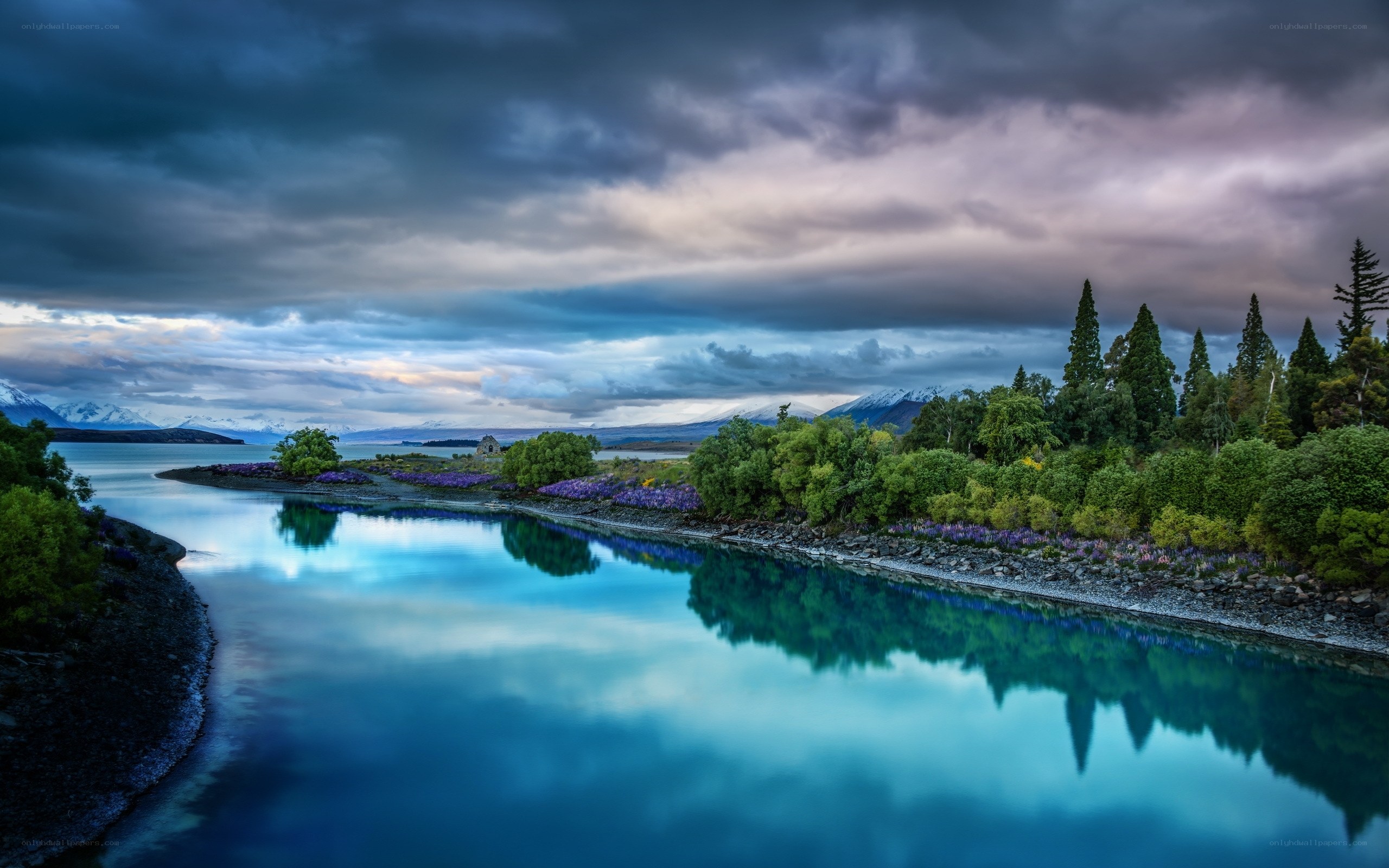 Lake and mountains at dusk