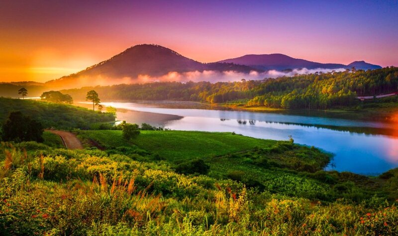 Lake and Mountains at Sunrise — Purple