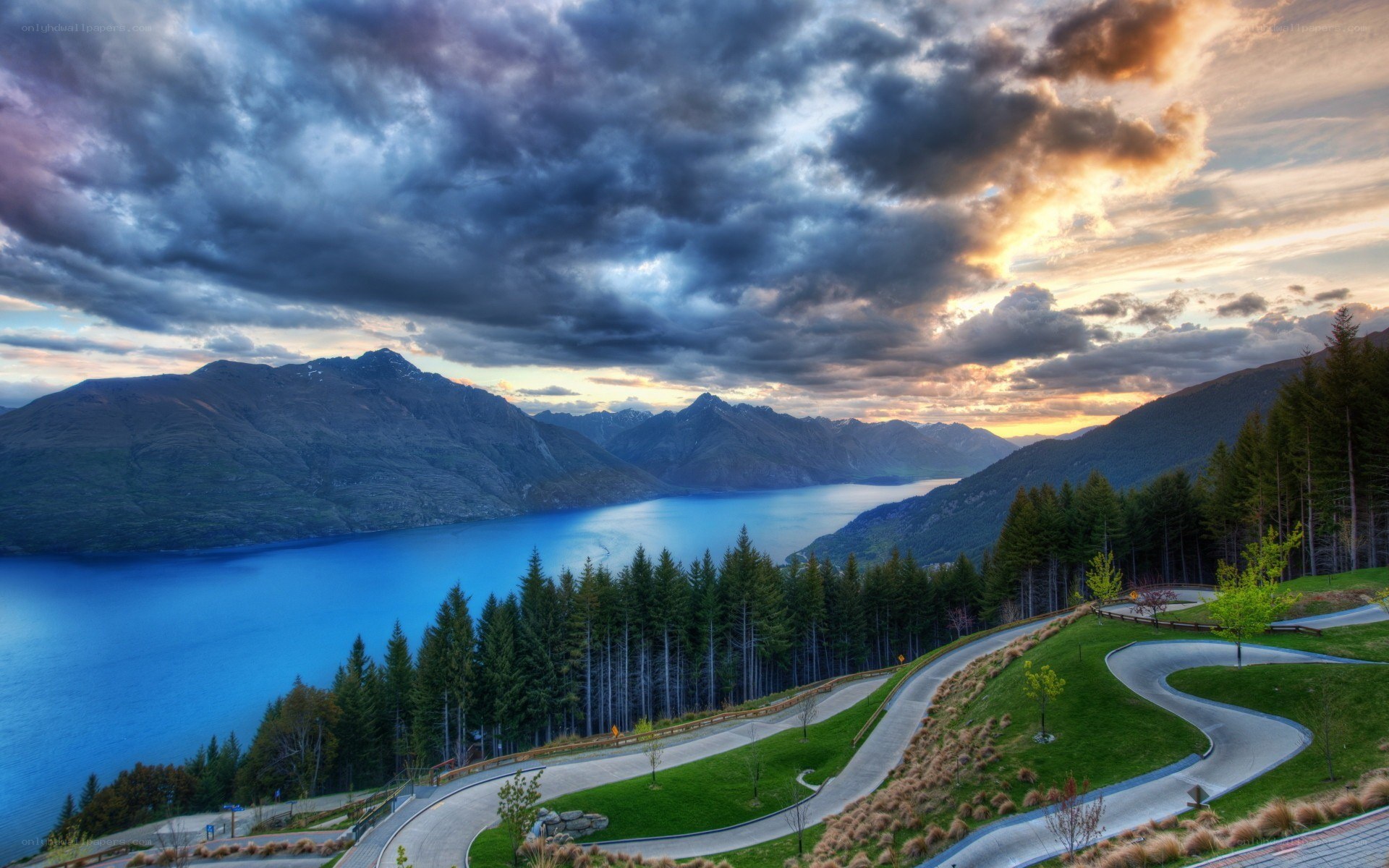 Lake and mountains at sunset