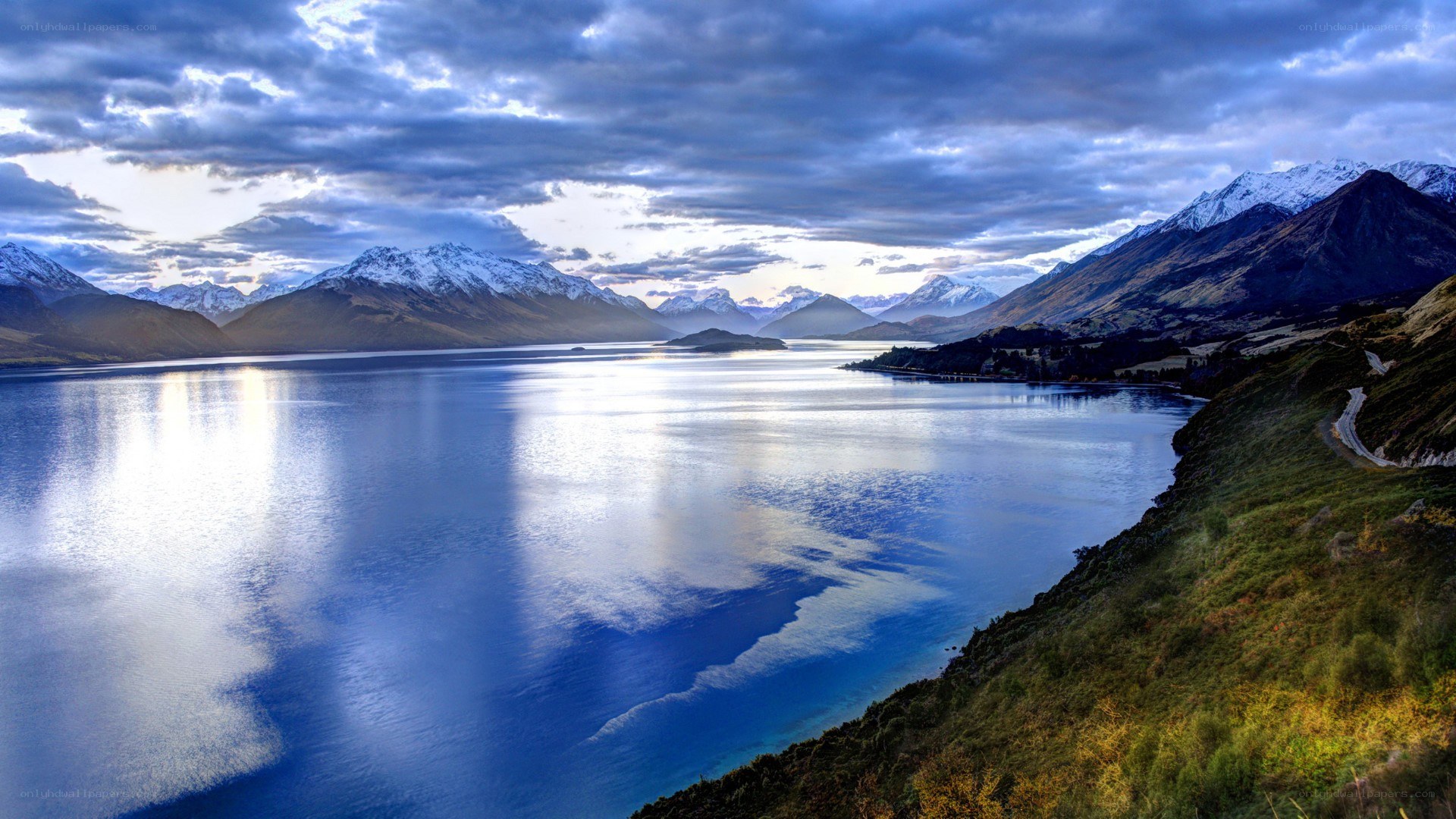 Lake and mountains at sunset
