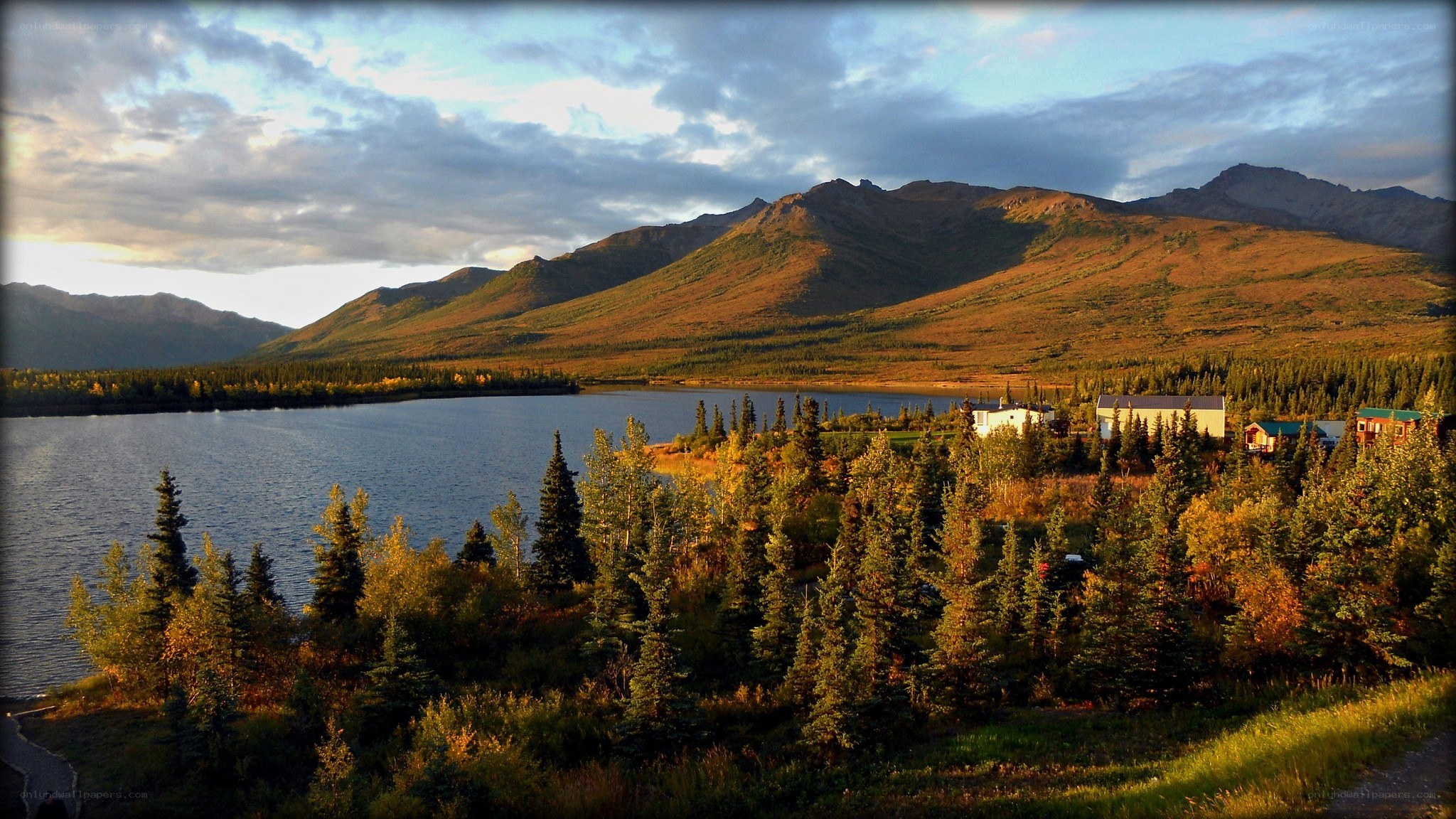 Lake and mountains at sunset