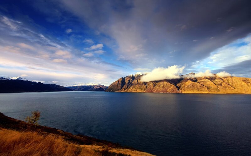 Lake and mountains at sunset