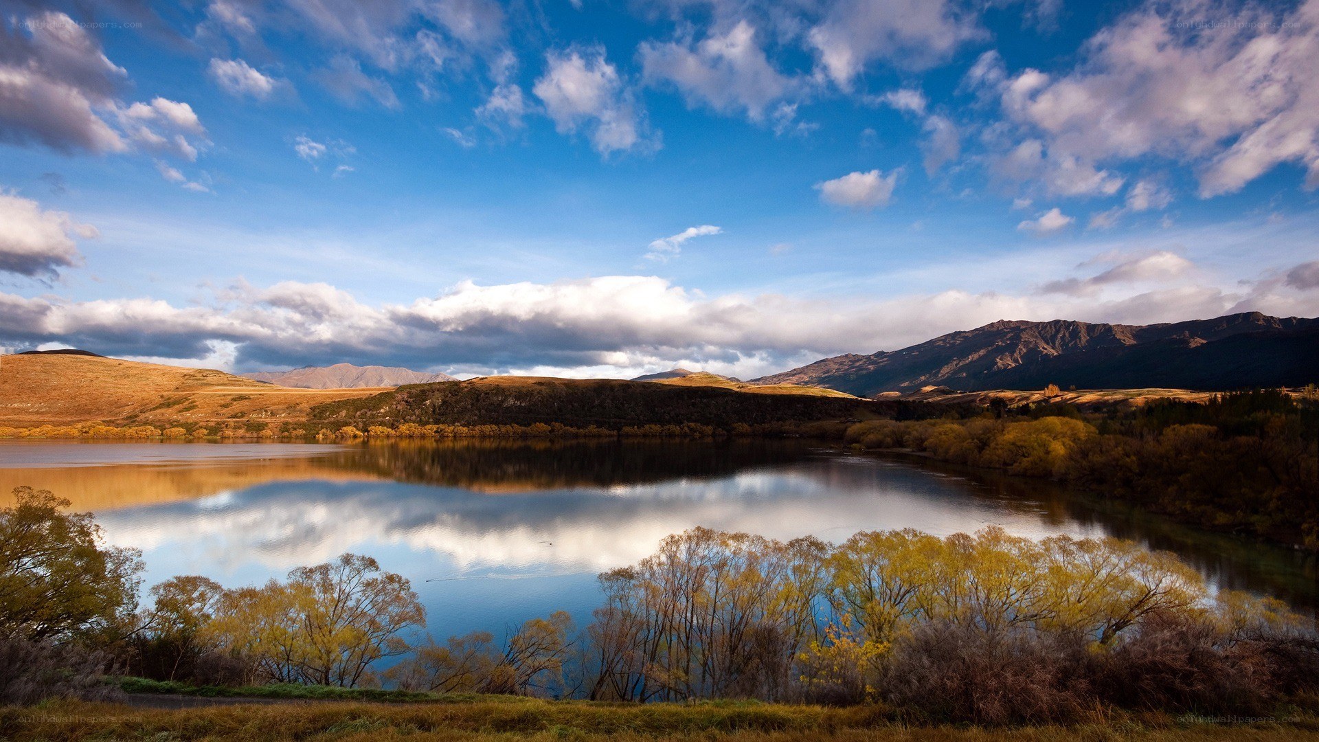 Lake and mountains at sunset