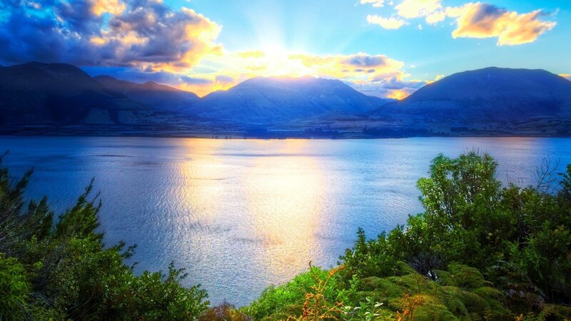 Lake and Mountains at Sunset — Blue, Serene, Photograph, Sunlight, Clouds, Trees