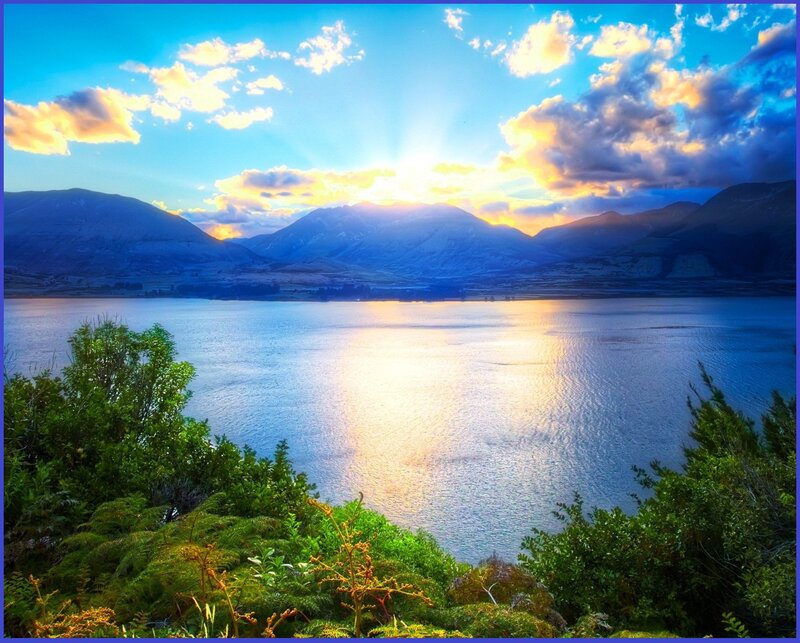 Lake and Mountains at Sunset — Blue, Serene