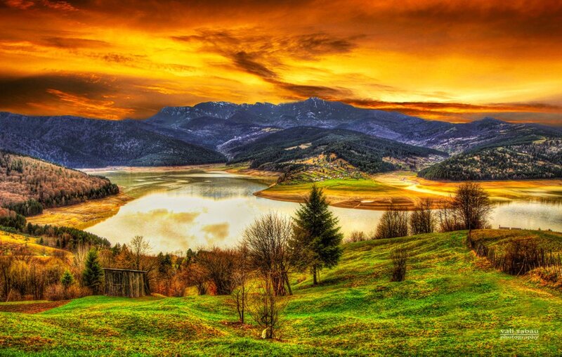 Lake and Mountains at Sunset — Orange, Dramatic