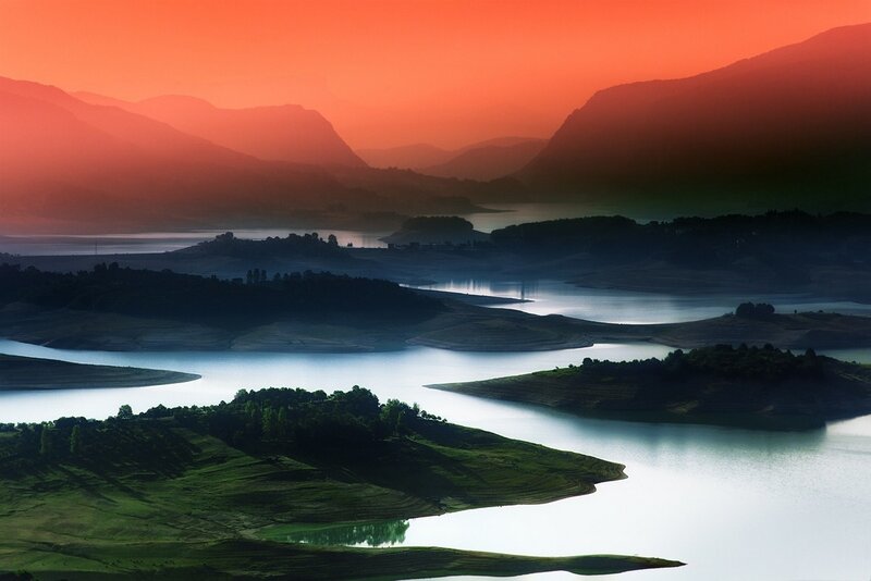 Lake and Mountains at Sunset — Orange, Serene, Photograph, Islands