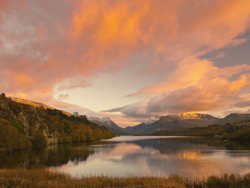 Lake and Mountains at Sunset — Orange, Serene