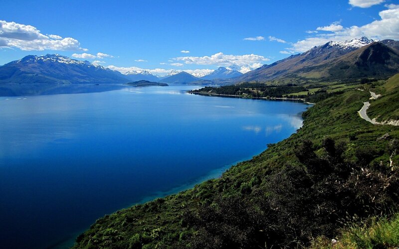 Lake and Mountains — Blue, Serene, Afternoon, Photograph, Road