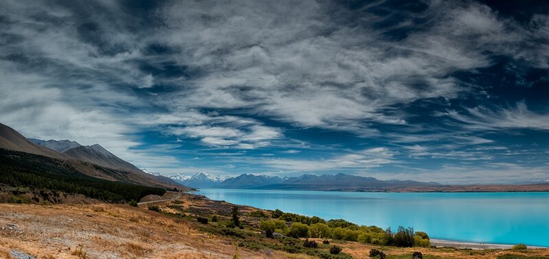 Lake and Mountains Landscape — Blue, Dramatic, Afternoon, Photograph, Clouds