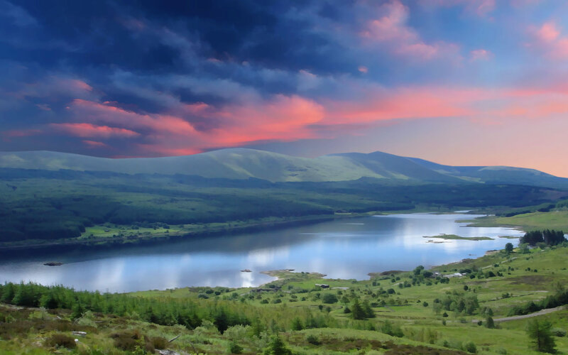 Lake and Mountains Landscape — Blue, Dramatic, Sunset