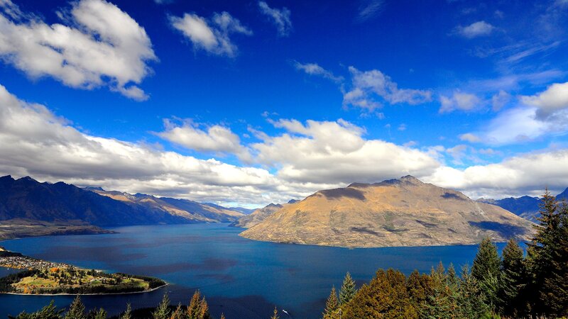Lake and Mountains Landscape — Blue, Serene, Afternoon, Photograph, Clouds