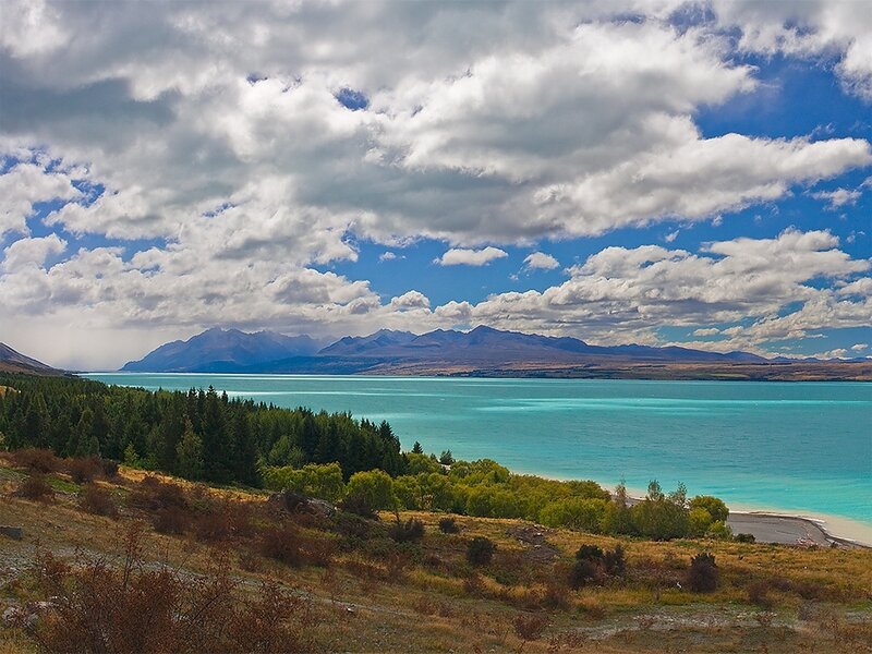 Lake and Mountains Landscape — Blue, Serene, Afternoon, Photograph, Forest