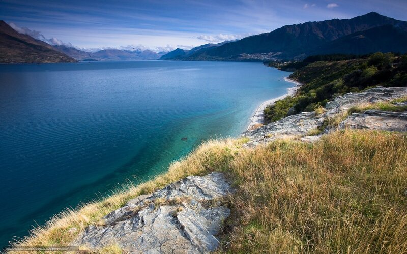 Lake and Mountains Landscape — Blue, Serene, Afternoon, Photograph, Grass