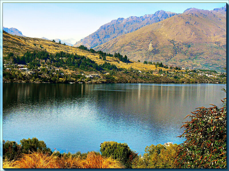 Lake and Mountains Landscape — Blue, Serene, Afternoon, Photograph, Village, Trees
